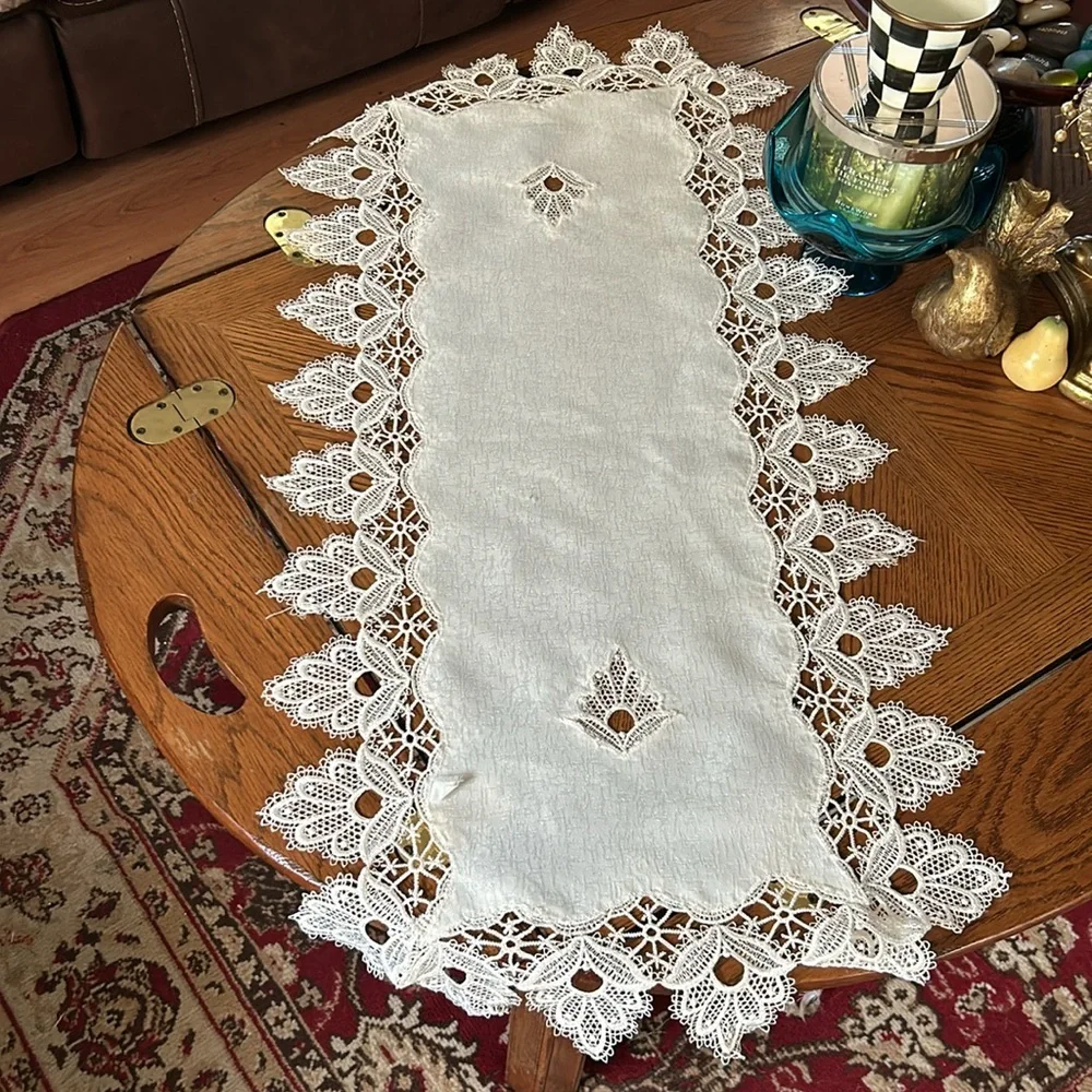 Vintage Ivory Lace and Fabric Table Runner or Dresser Scarf